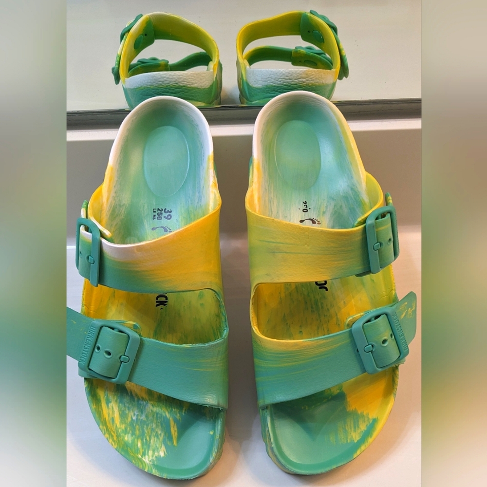 Birkenstock Arizona Eva Multi-Color Slide Sandals Green & Yellow Tie Dye Size 39